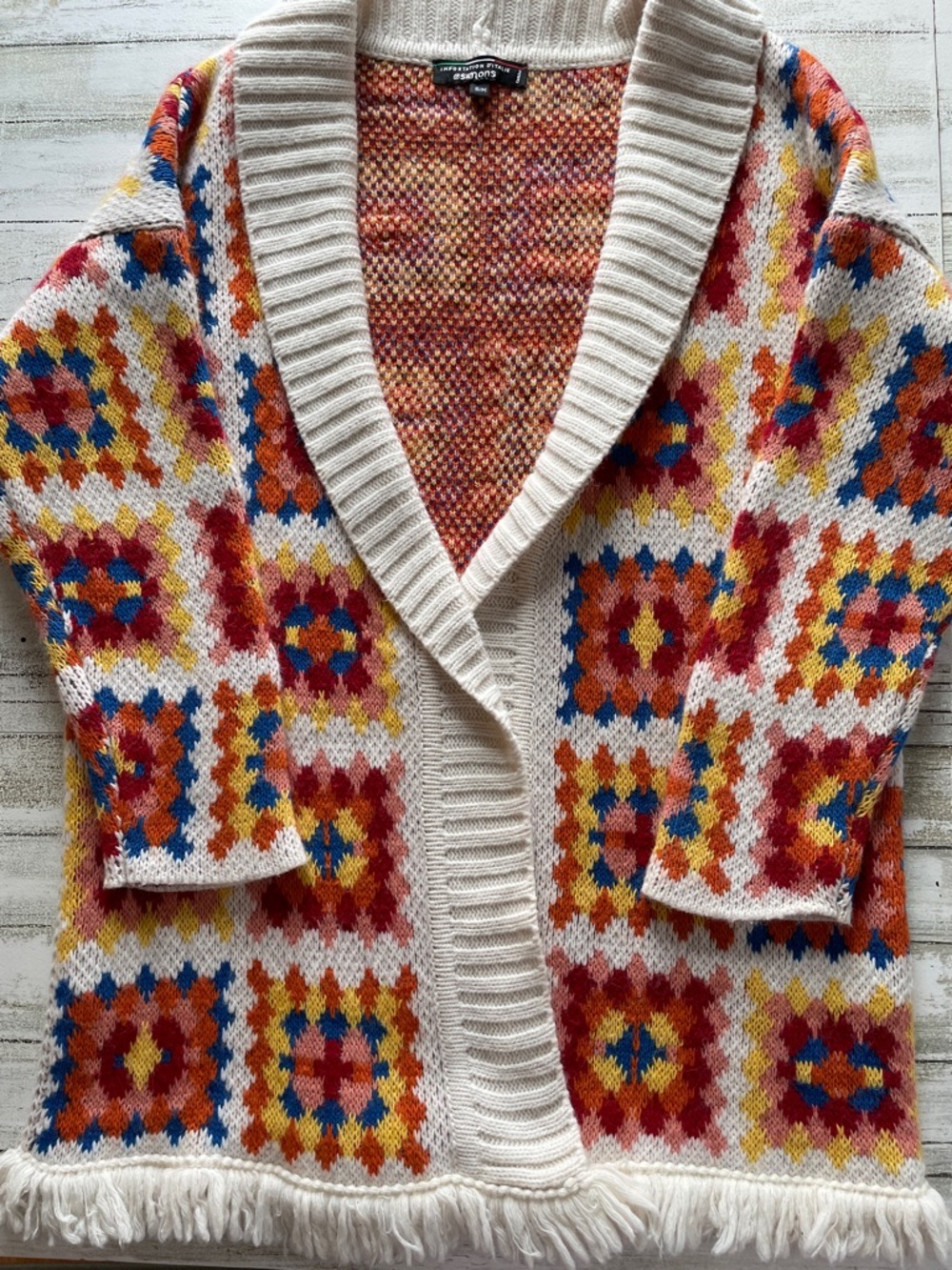 Simons Multicolor Knit Cardigan with Fringe Trim